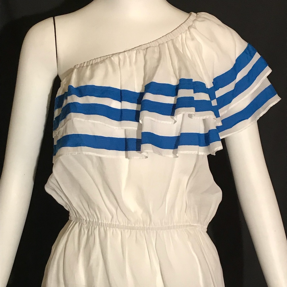 White with blue stripes one shoulder top.